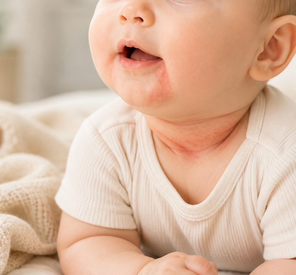 Close-up of a smiling baby in a cream-colored onesie with mild redness around the mouth and neck folds from drool rash, lying on a soft blanket in warm natural light. The image conveys gentle baby skincare and common infant skin irritation.