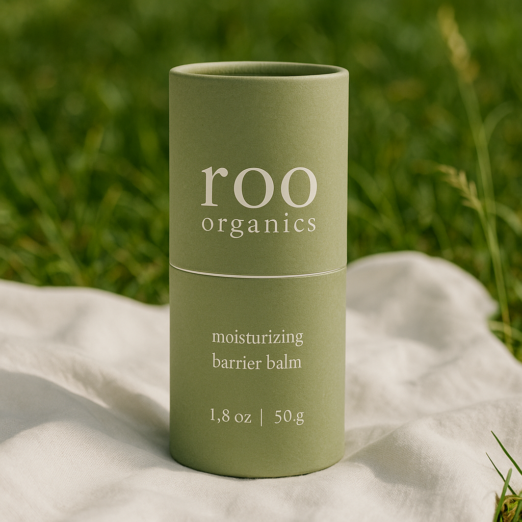 Green cylindrical container of Moisturizing Barrier Balm by roo organics placed on a white cloth with grass in the background, highlighting natural and gentle skincare.