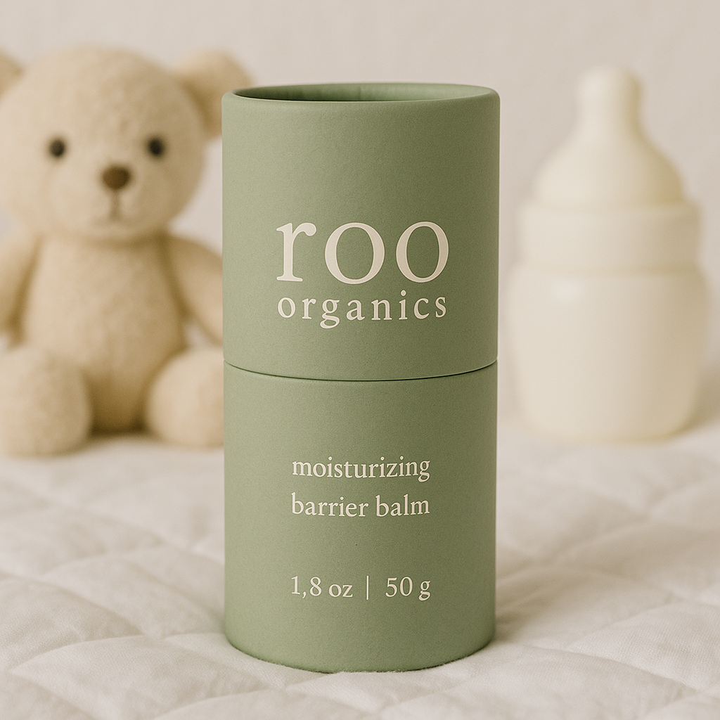 Green cylindrical container of Roo Organics Moisturizing Barrier Balm placed on a soft quilted surface with a blurred teddy bear and baby bottle in the background, suggesting gentle skincare for sensitive baby skin.