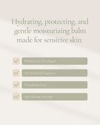 Text highlighting Moisturizing Barrier Balm as a hydrating, protecting, and gentle balm for sensitive skin, noting it is pediatrician developed, has no artificial fragrance, is petrolatum free, and microbiome friendly.