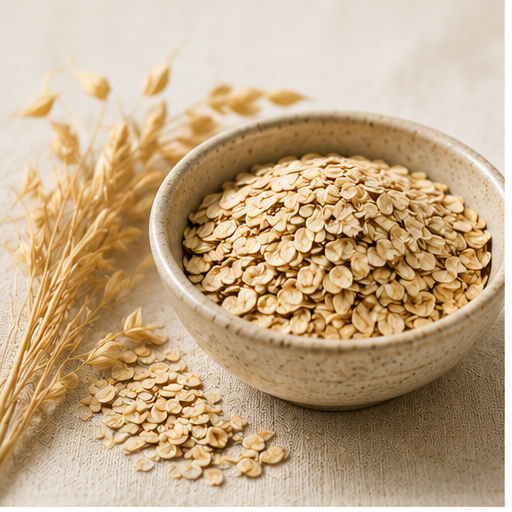 A speckled ceramic bowl filled with light tan rolled oats sits on a textured beige surface, with a small pile of oats spilled beside it and dried oat stalks resting nearby.