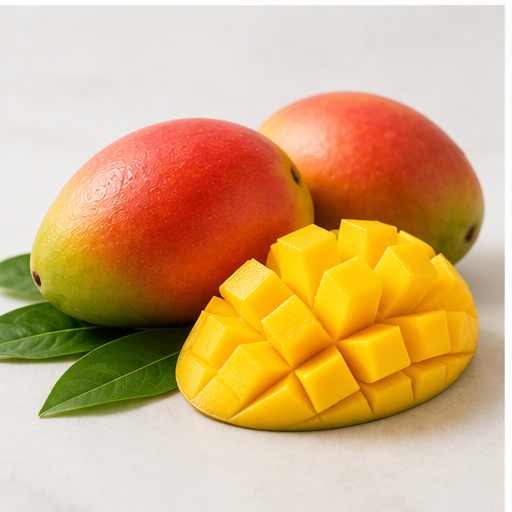 Two whole ripe mangoes with red and green skin next to one mango half sliced into cubes, resting on green leaves on a light surface.