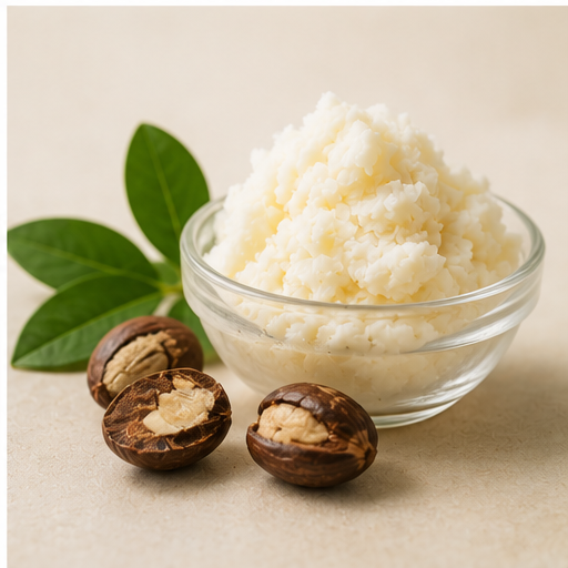 Glass bowl filled with creamy shea butter surrounded by whole and halved shea nuts and green leaves on a neutral surface.