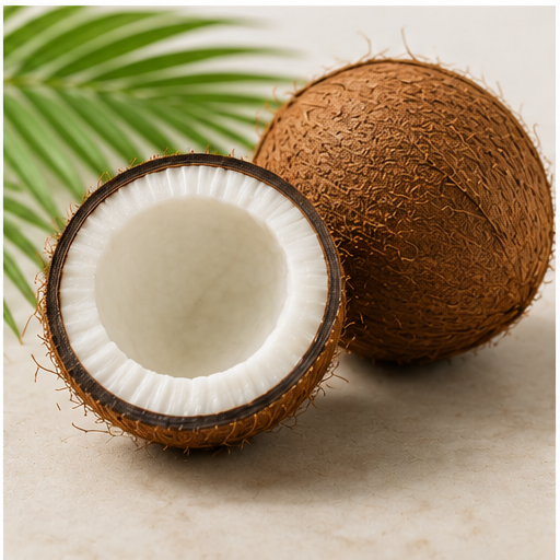 A whole brown coconut and a half coconut showing white flesh inside, placed on a light surface with a green palm leaf in the background.