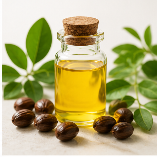 Glass jar filled with golden oil sealed with a cork stopper, surrounded by jojoba seeds and green leaves on a light surface against a white background.