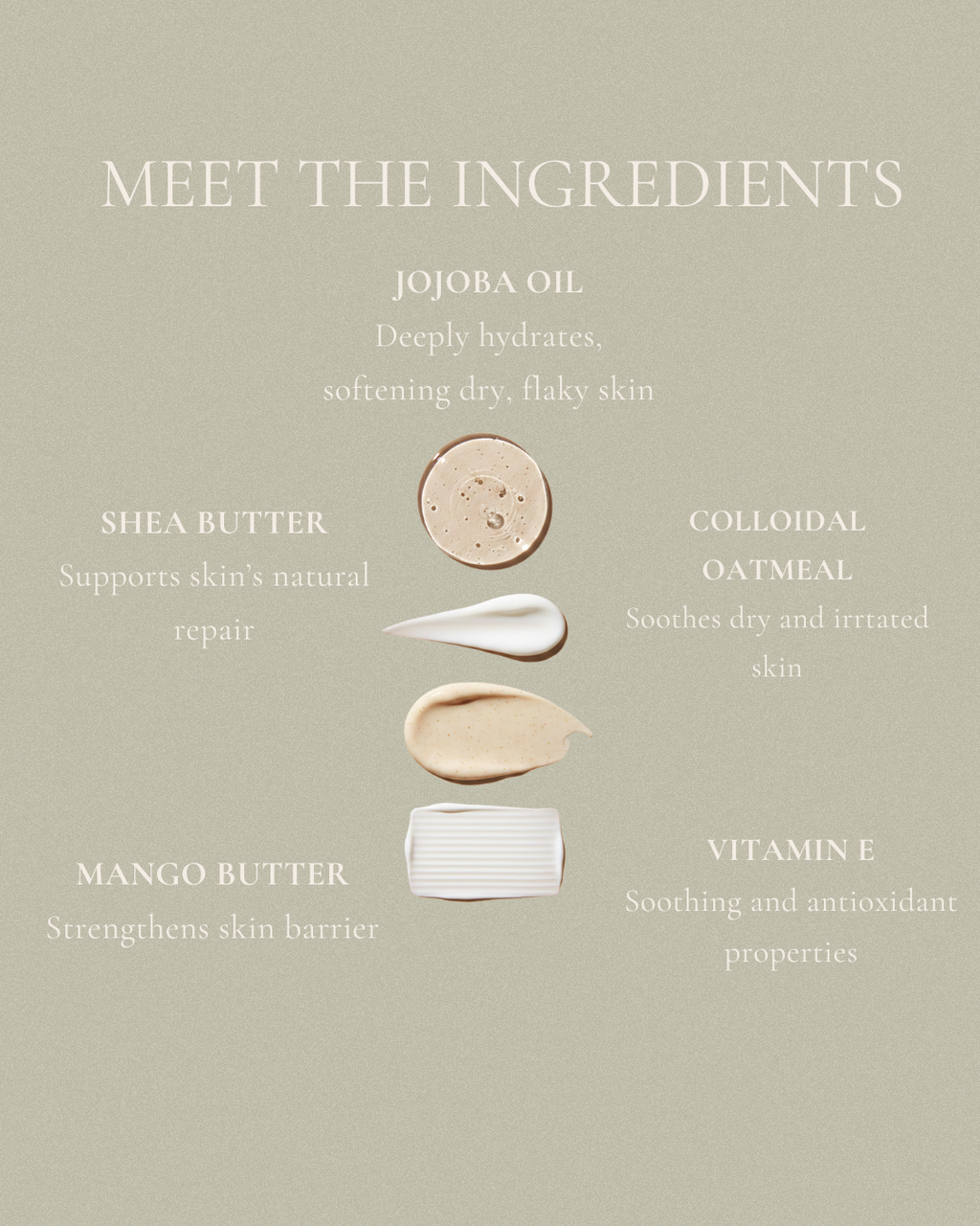 Moisturizing Barrier Balm ingredients including jojoba oil, shea butter, colloidal oatmeal, mango butter, and vitamin E, highlighting hydration, skin barrier strength, and soothing properties.