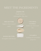 Moisturizing Barrier Balm ingredients including jojoba oil, shea butter, colloidal oatmeal, mango butter, and vitamin E, highlighting hydration, skin barrier strength, and soothing properties.