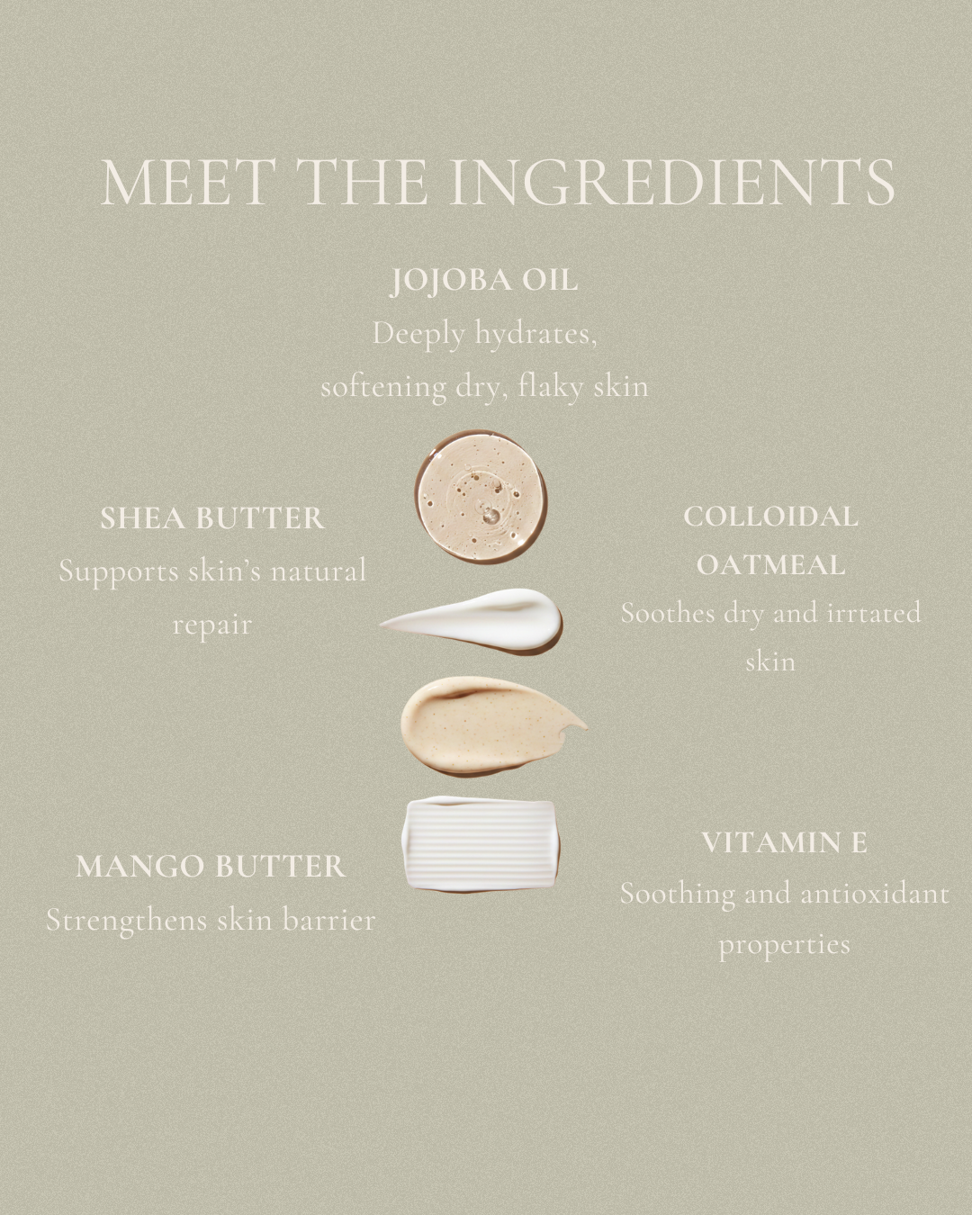 Moisturizing Barrier Balm ingredients including jojoba oil, shea butter, colloidal oatmeal, mango butter, and vitamin E, highlighting hydration, skin barrier strength, and soothing properties.